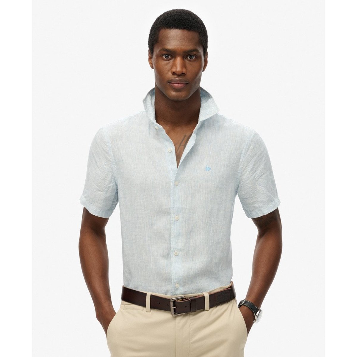 Chemise en lin Vacation brodée bleu ciel rayé ticking, SUPERDRY