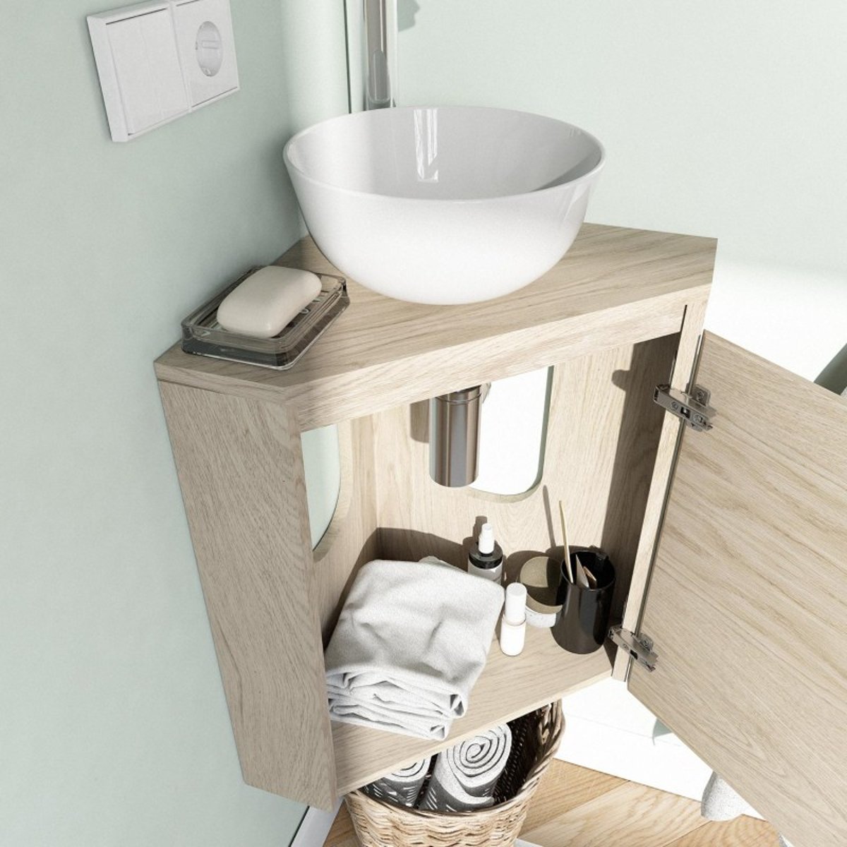 Lave-mains angle + vasque + armoire SORRENTO décor chêne, MOB IN