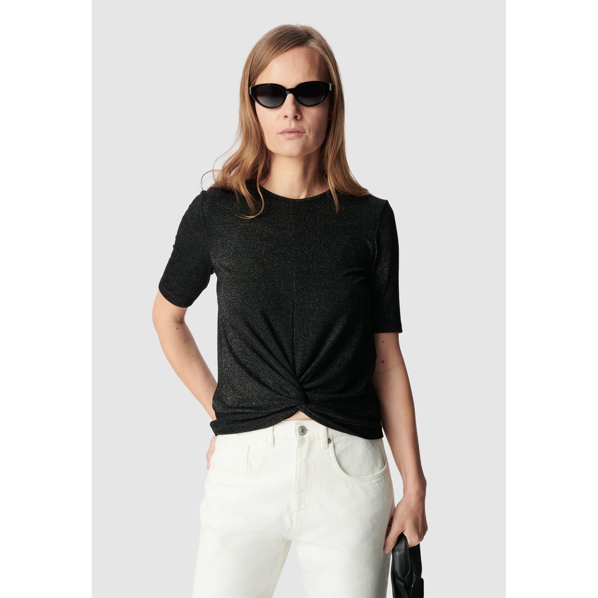 Tee-shirt pailleté drapé avec noeud noir, IKKS