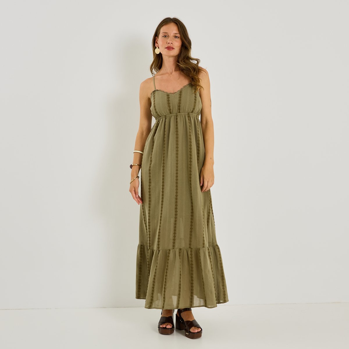Robe bohème longue à bretelles vert kaki, GRAIN DE MALICE