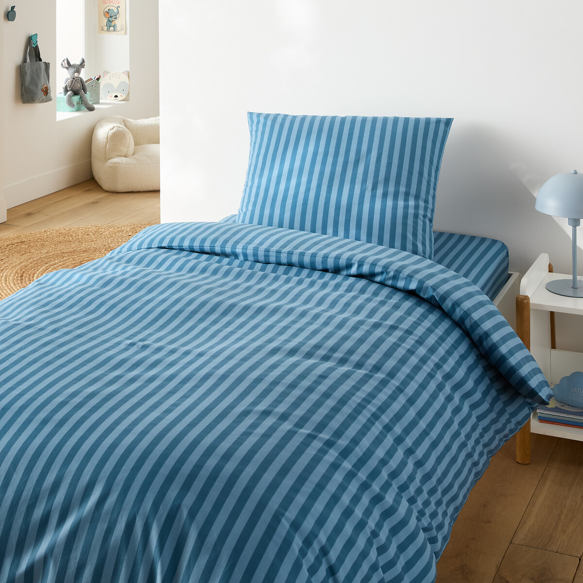 Conjunto para cama infantil, 50% algodón reciclado, funda de almohada cuadrada, SACHA BLEU rayas azules, LA REDOUTE INTERIEURS