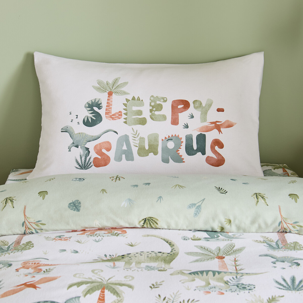 Brushed Sleepy Saurus Dino Cotton Reversible Duvet Cover Set cream, CATHERINE LANSFIELD