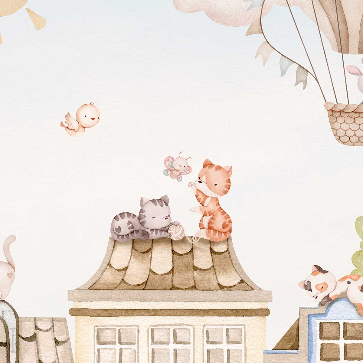 Papier peint chat chambre enfant - Chats sur les Toits bleu, HEXOA