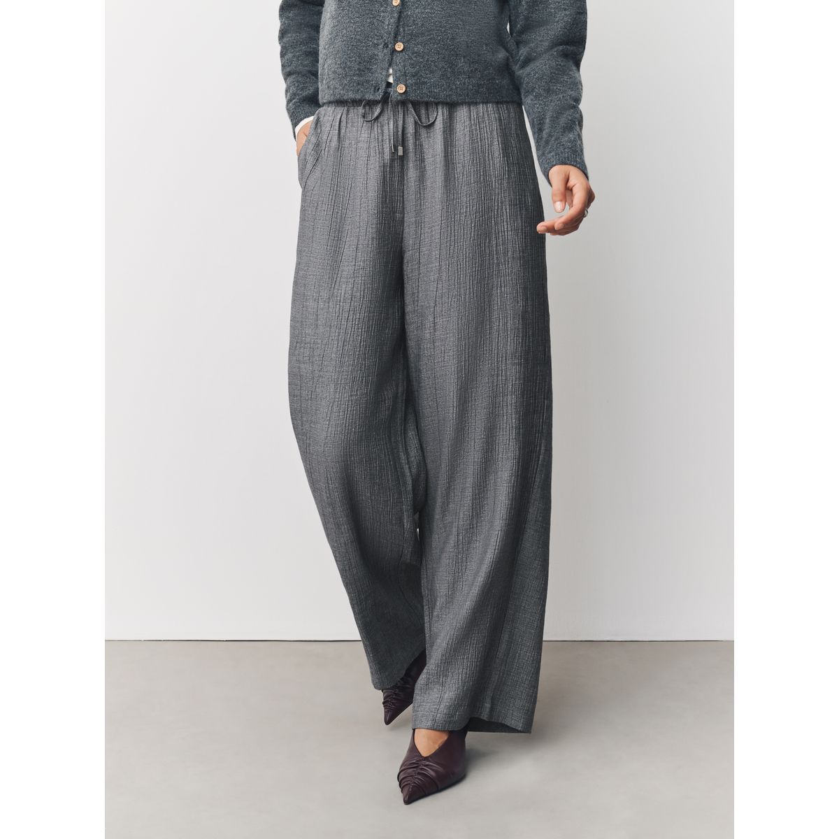 Pantalon large à nouer en laine mélangée gris, NEXT