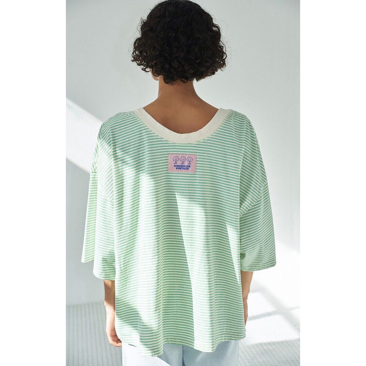 T-shirt col bateau ample à manches courtes rayé, GIXY rayé vert/écru, AMERICAN VINTAGE