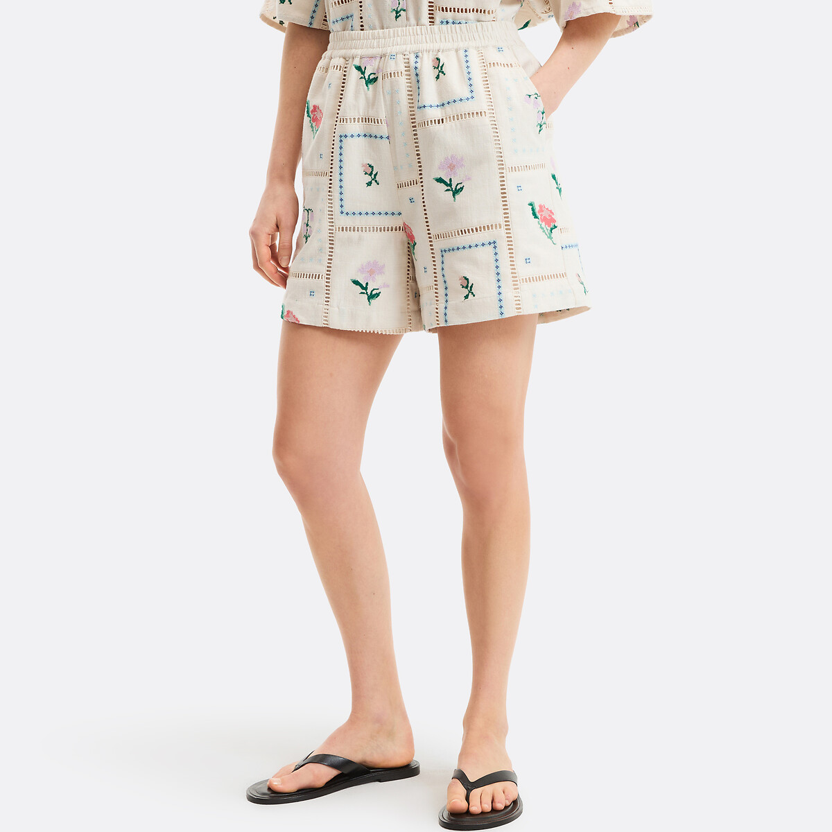 Short brodé floral à taille élastiquée beige naturel, LA REDOUTE COLLECTIONS