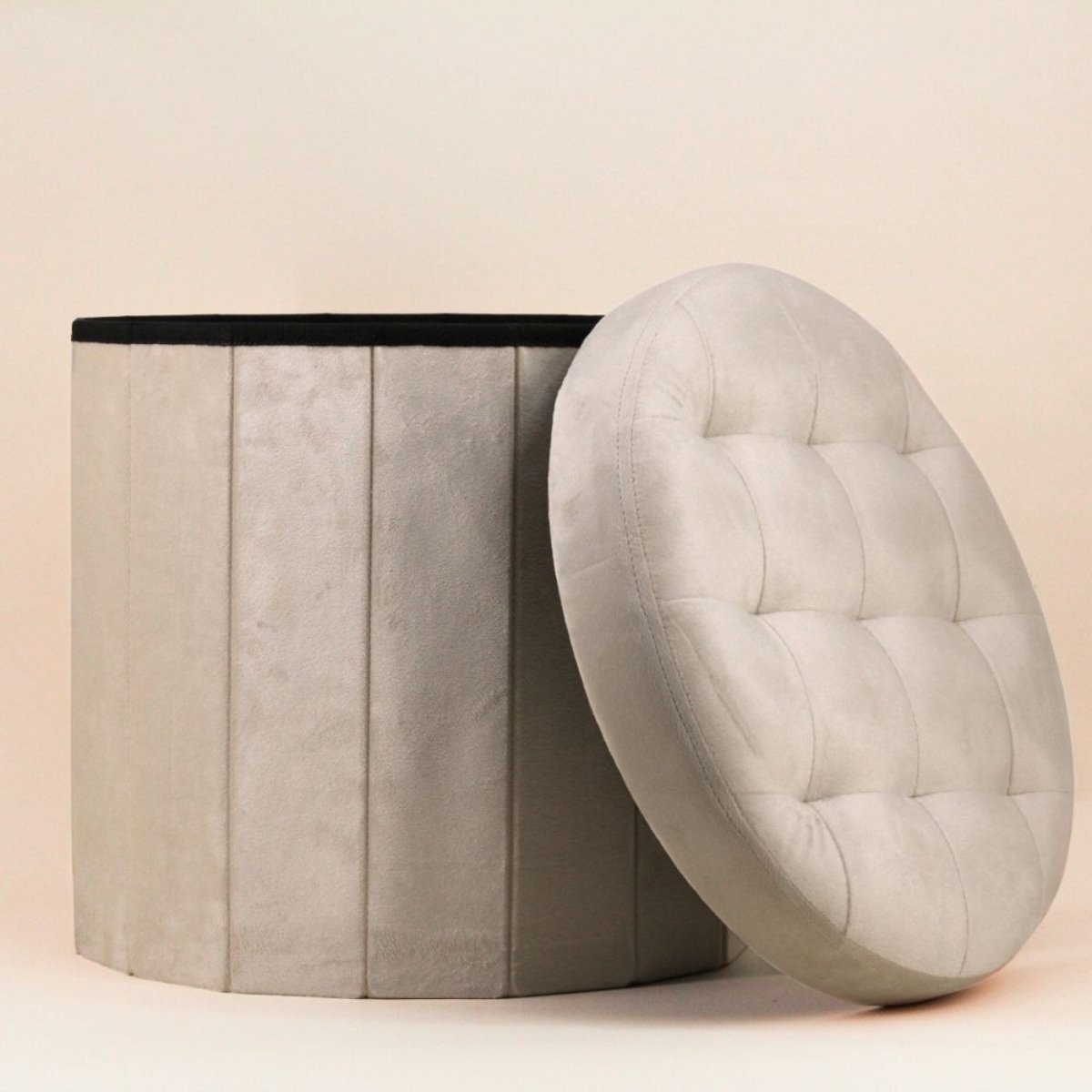Pouf coffre en velours 38cm beige, ORNAMI