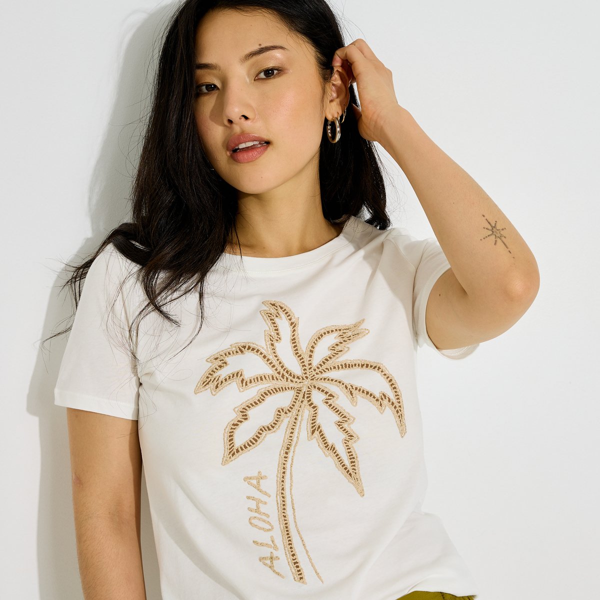 T-shirt col rond broderie palmier blanc cassé blanc, GRAIN DE MALICE