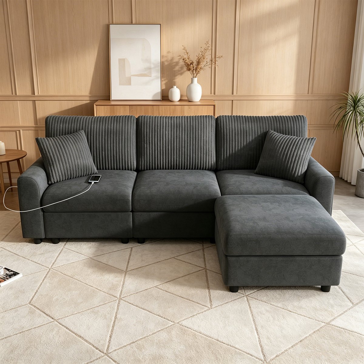 Canapé d'angle réversible chenille et côtelé, VASEA gris foncé, MEUBLES COSY