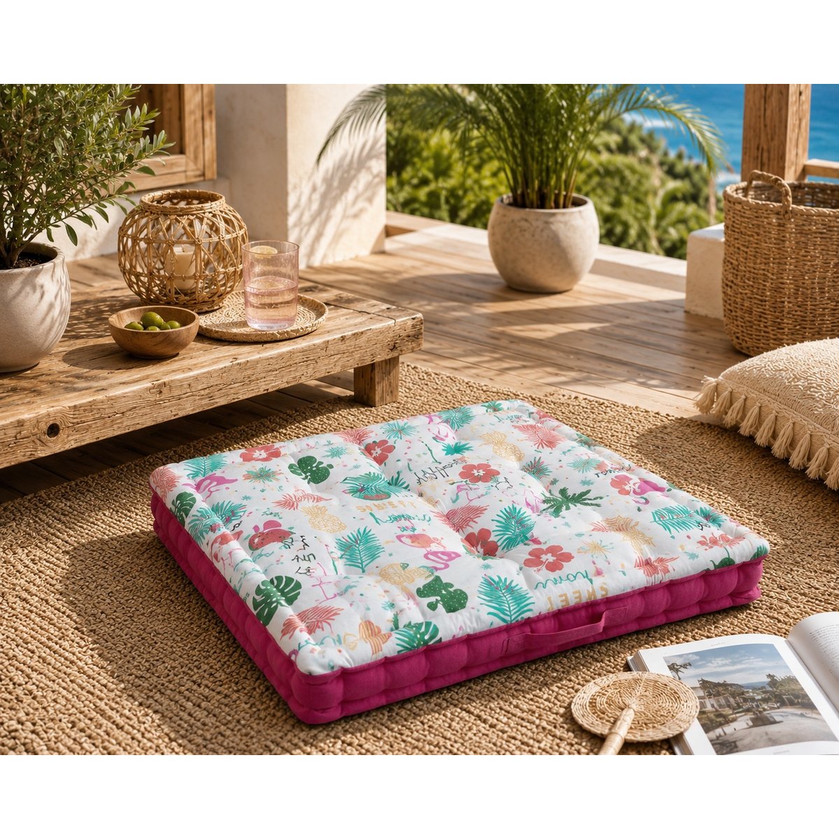 Coussin de sol en coton matelassé Flamant Rose 60cm rose, EDEN