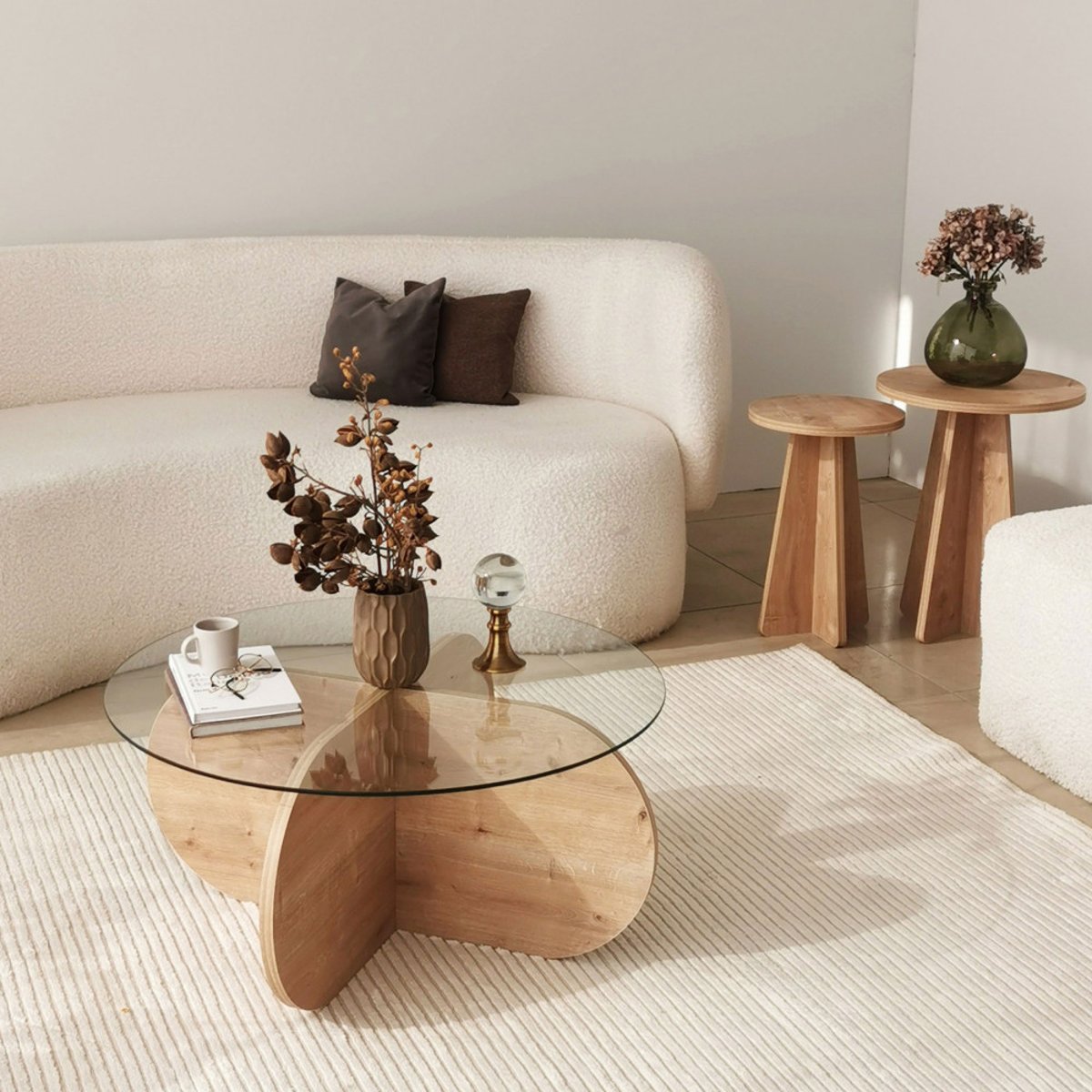 Table basse ronde en verre trempé et bois  75cm- BULLY I bois clair, DRAWER