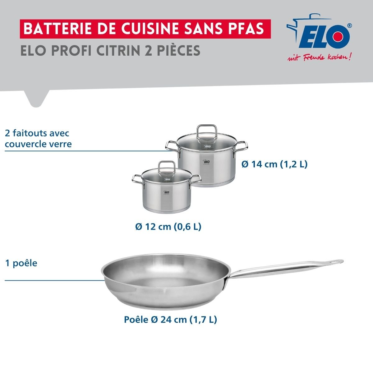 Batterie 1 poêle 24cm + 2 faitouts 12/14cm PROFI CITRIN gris, ELO