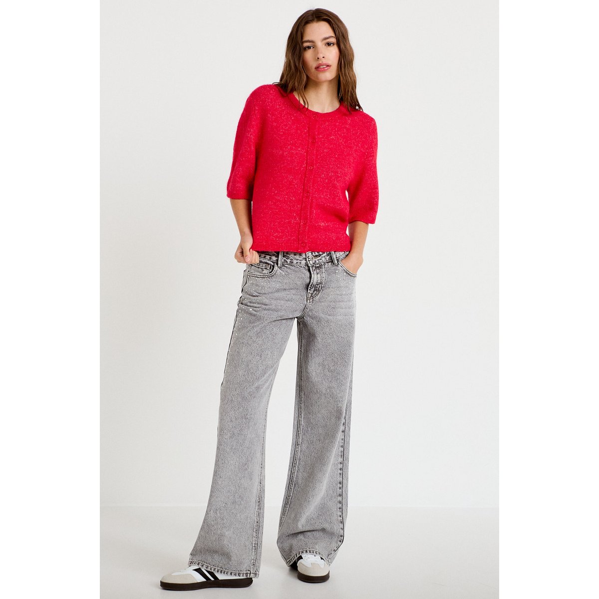 Jean wide leg taille basse strass denim gris, CACHE CACHE