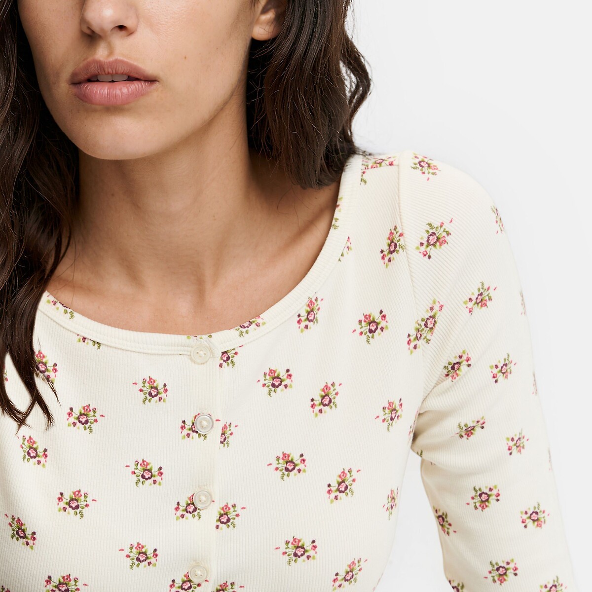 T-shirt col bateau manches longues imprimé floral ecru, LA REDOUTE COLLECTIONS