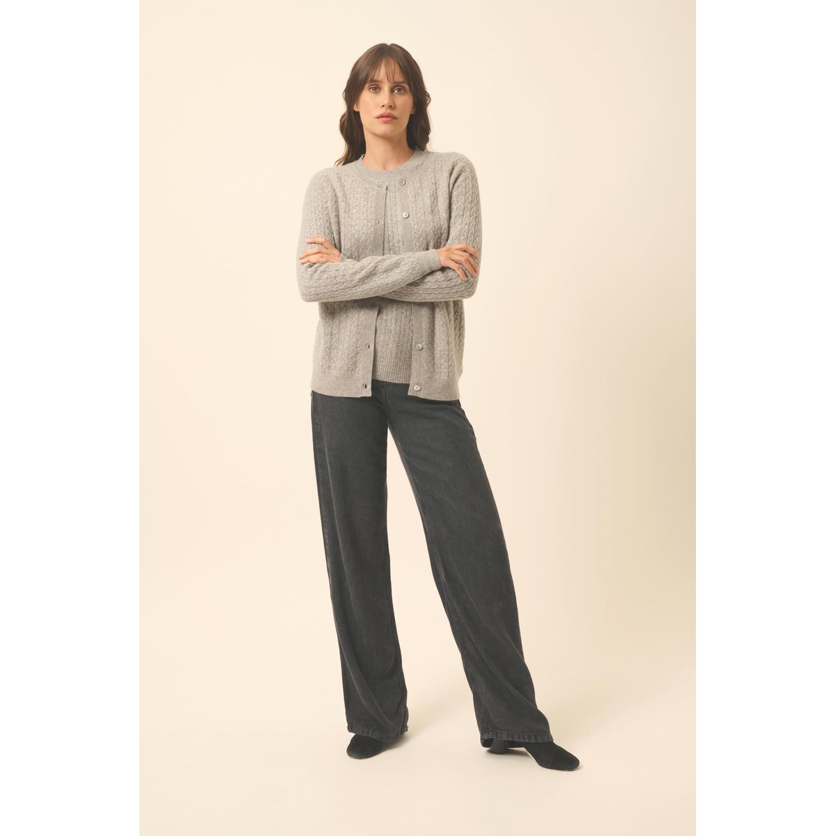 Cardigan Col Rond Nuage Chiné Laura gris clair chiné, JUST CASHMERE