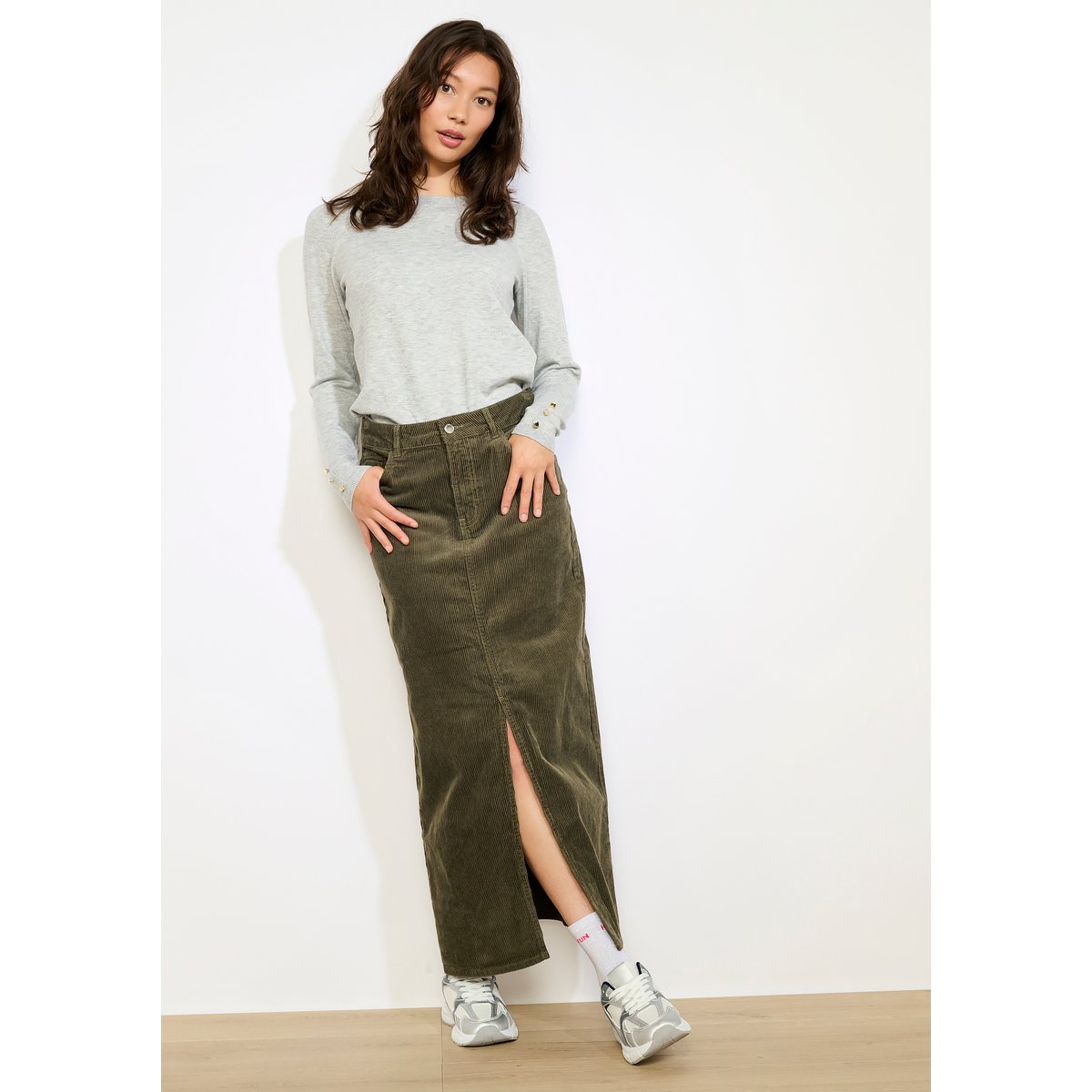 Jupe longue en velours côtelé khaki, LOLALIZA