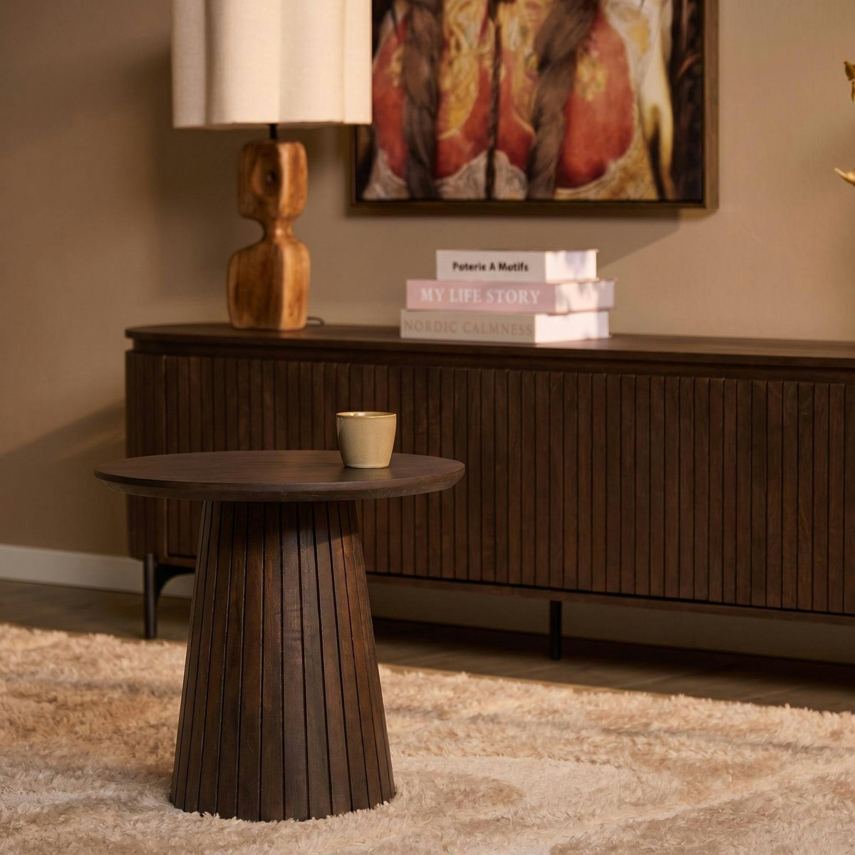 Table d'appoint ronde bois marron à pied rainuré Ø50 cm CALERO marron, PIER IMPORT
