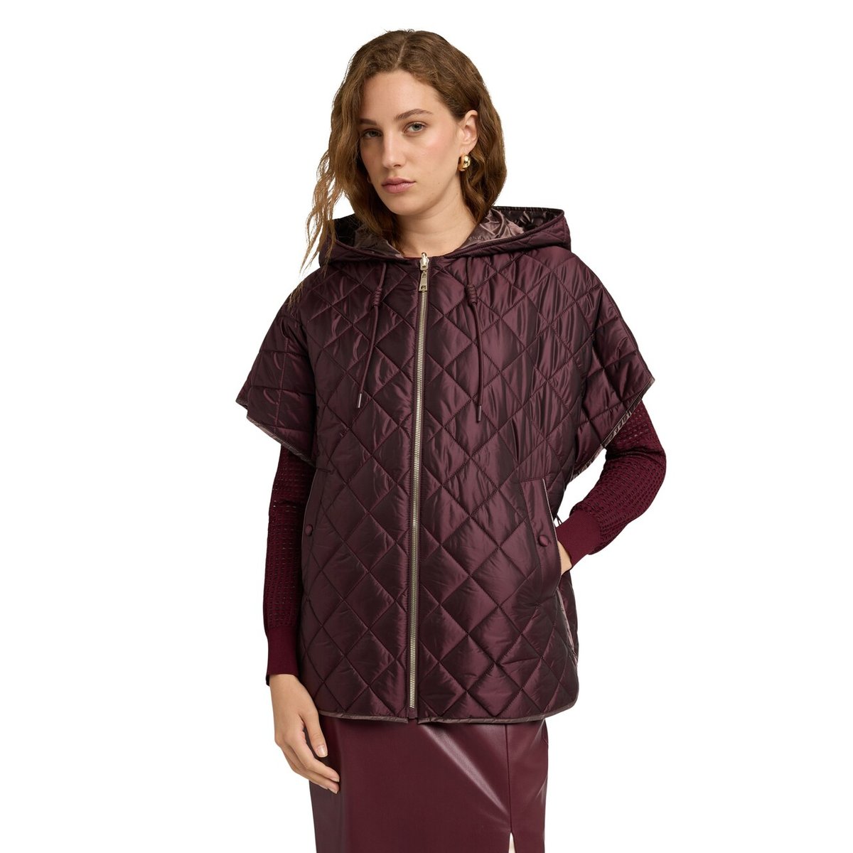 Gilet matelassé avec capuche et manches kimono marron, MOTIVI