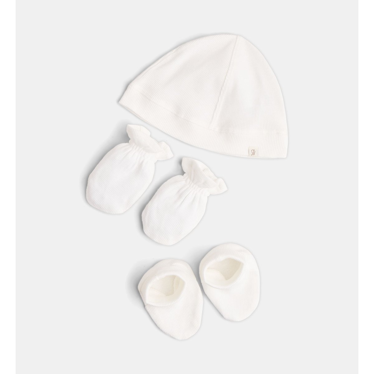 Ensemble bonnet moufles pantoufles tarpinou coton stretch écru, CADET ROUSSELLE