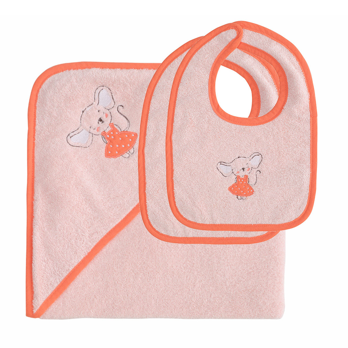 Ensemble bébé cape de bain + 2 bavoirs MOUSE TITINE poudre, SENSEI MAISON