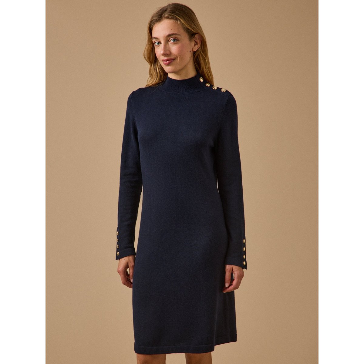Robe-pull col montant boutons dorés encre, CYRILLUS