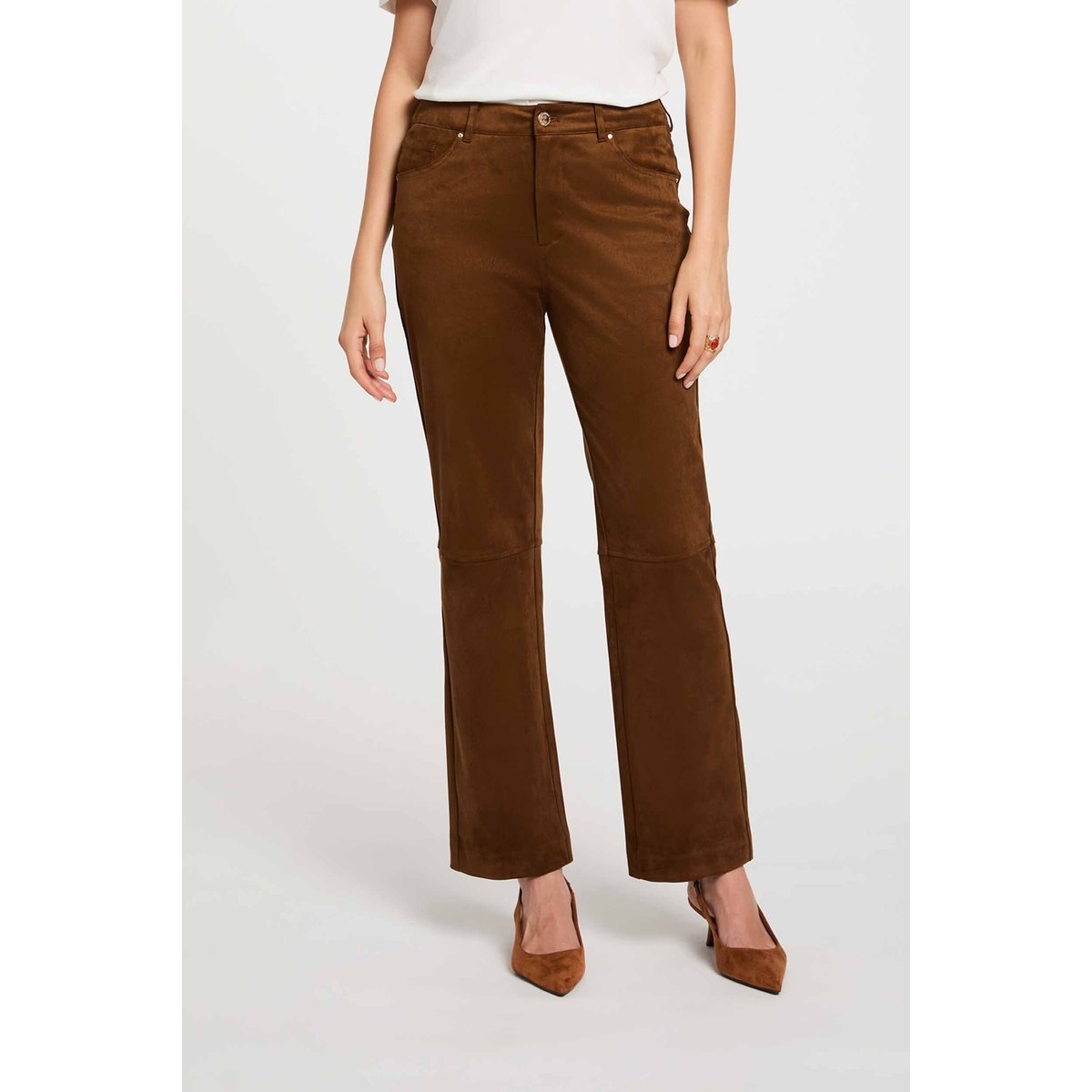 Pantalon droit suédine marron chocolat, MORGAN