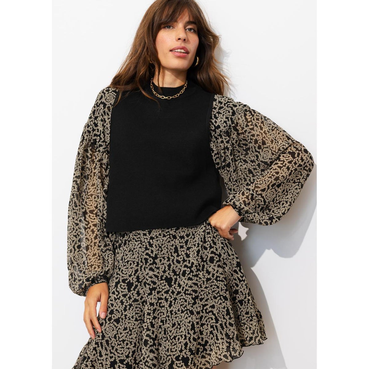 Robe courte effet 2 en 1 imprimé noir, PROMOD