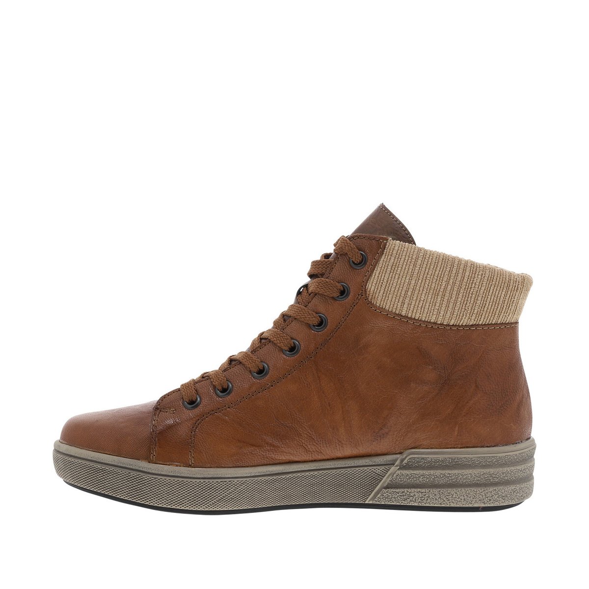 Bottines en cuir cognac à talon plat avec des lacets et un zip latéral cognac, RIEKER