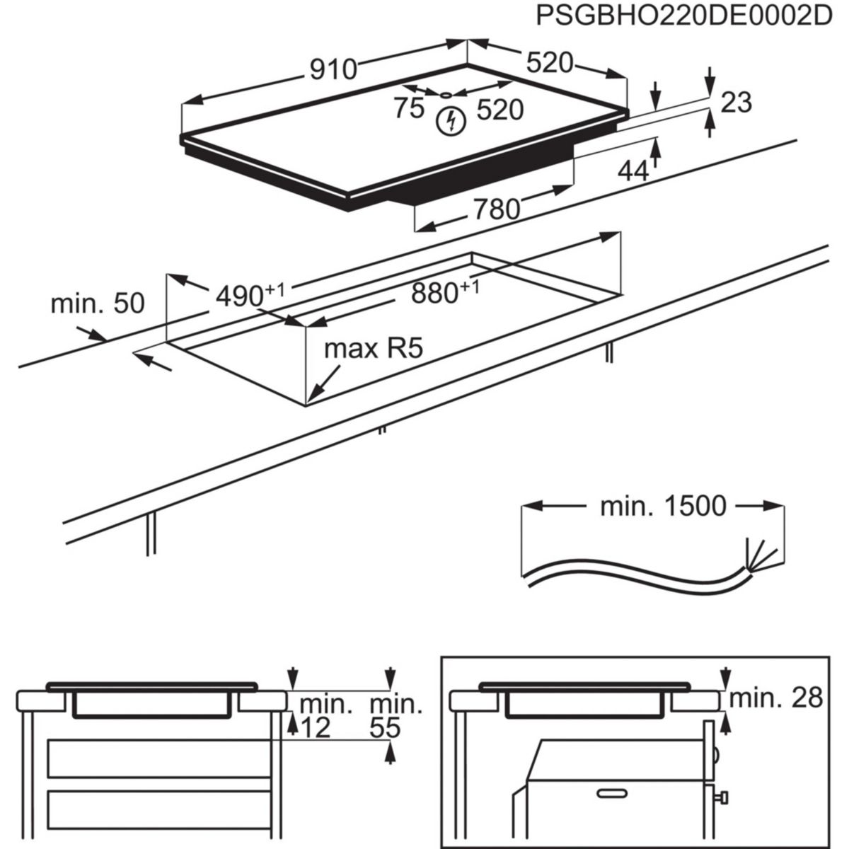 Plaque induction EIV95550 Flex90 H2H, Grande Zone Flexible Flex noir, ELECTROLUX
