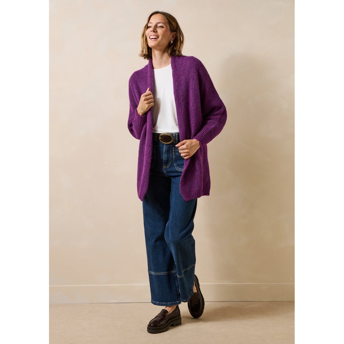 Gilet mi-long oversize en maille irisée cassis, LA FEE MARABOUTEE