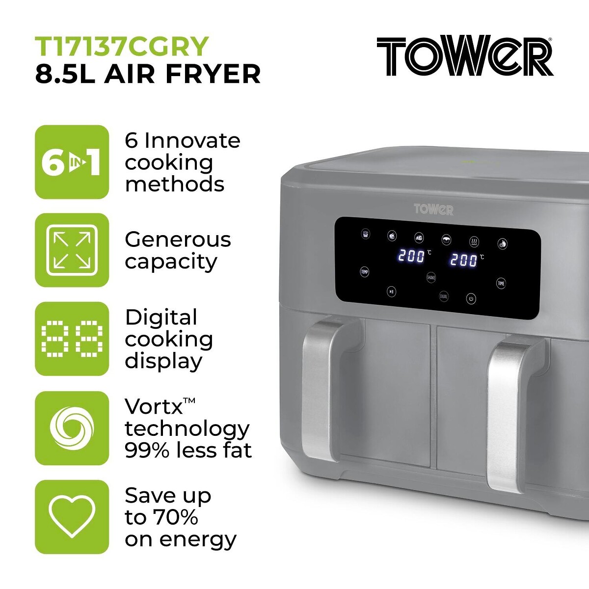 Vortx 8.5L Dual Basket Air Fryer with Chrome Trim- T17137 grey, TOWER