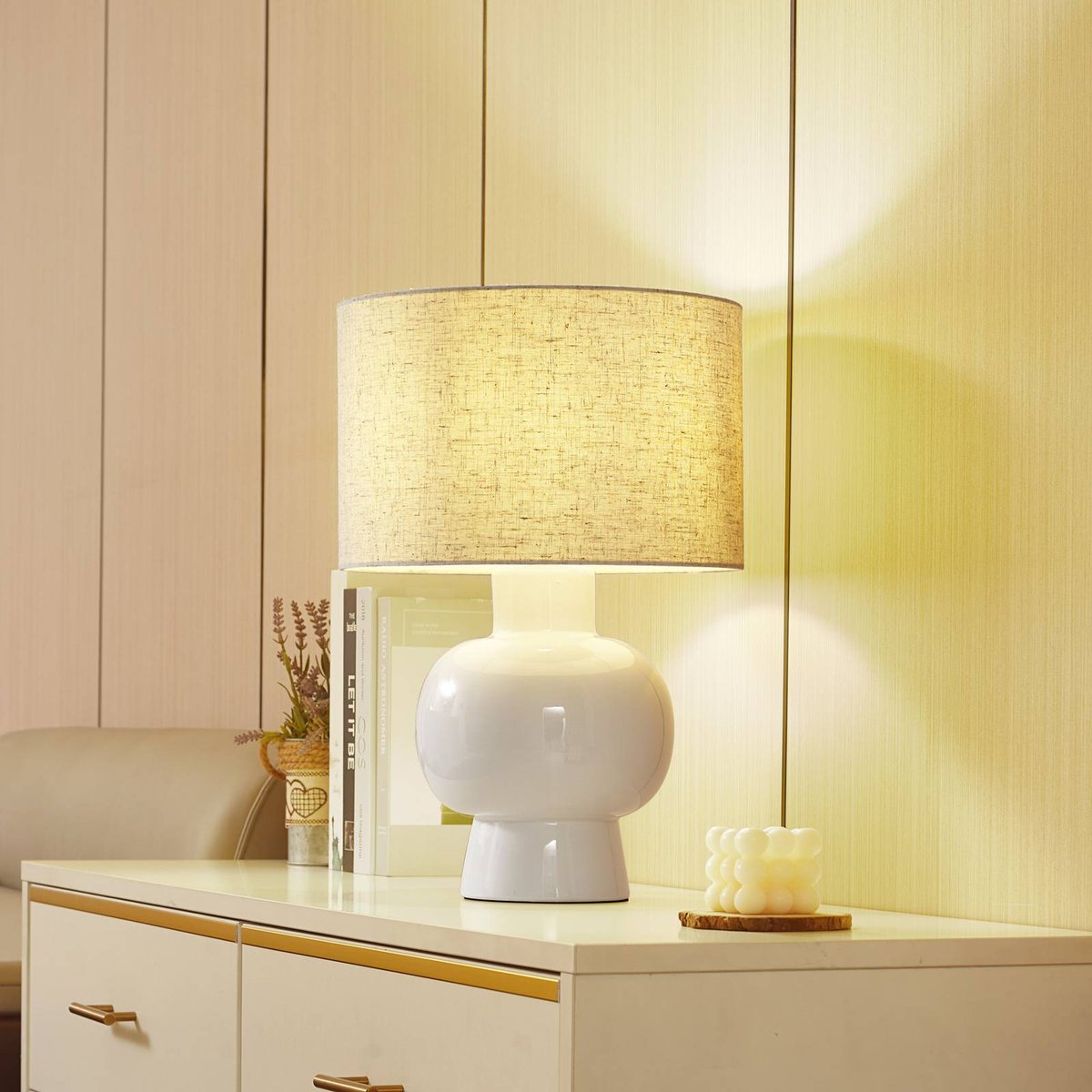 Lampe à poser en textile scandinave, Arved blanc, LINDBY
