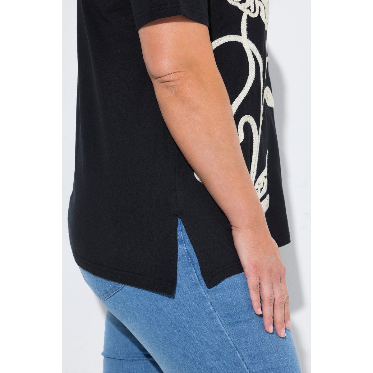 T-shirt long, broderie, manches courtes noir, ULLA POPKEN