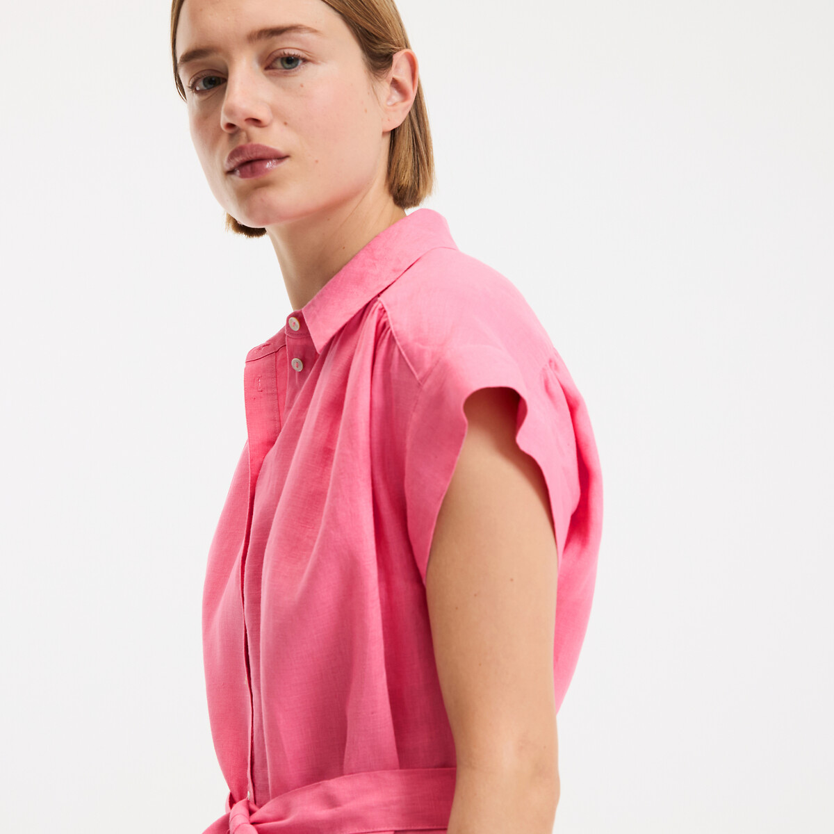 Robe en lin à manches courtes Signature HELOÏSE rose fuchsia, LA REDOUTE COLLECTIONS