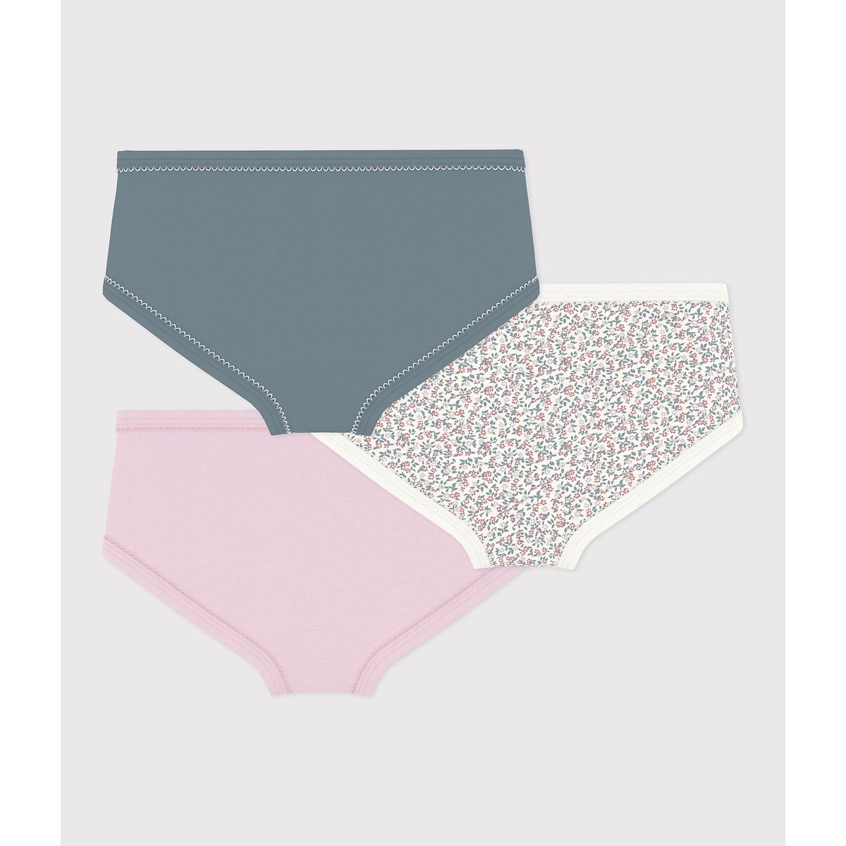 Lot de 3 culottes, 2 unies et 1 imprimé fleurs blanc + rose + vert, PETIT BATEAU