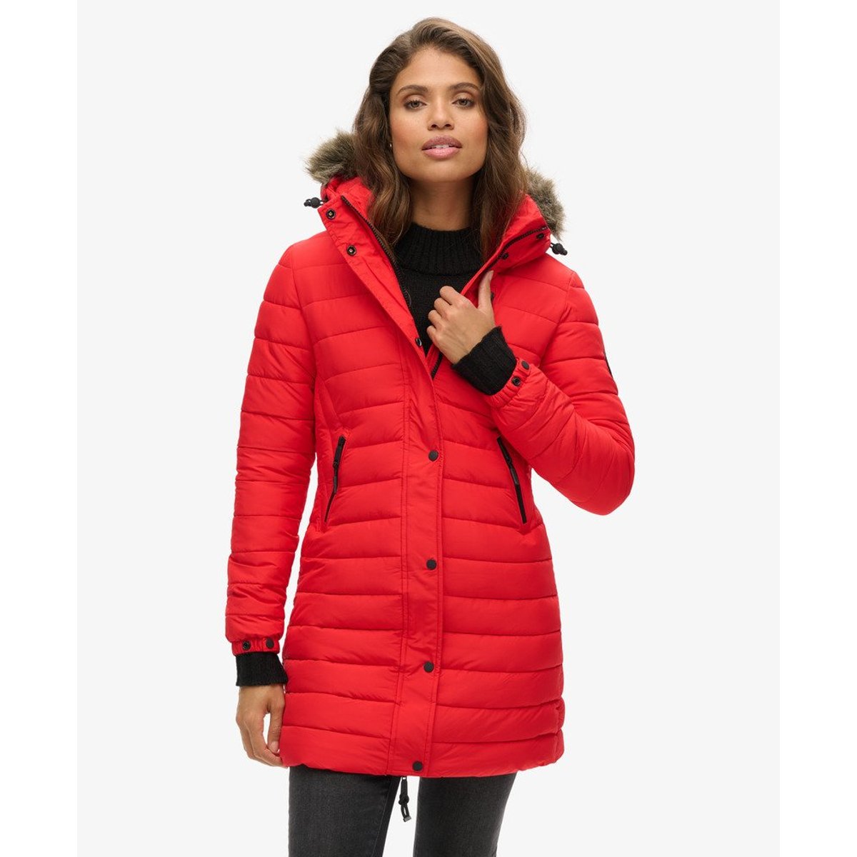 Doudoune mi longue à capuche fourrure d'imitation rouge très vif, SUPERDRY