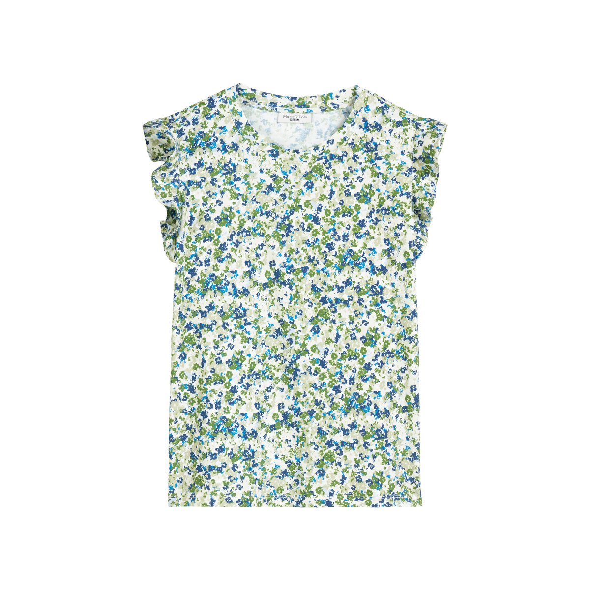T-shirt à volants loose avec imprimé allover bleu moyen, MARC O’POLO DENIM