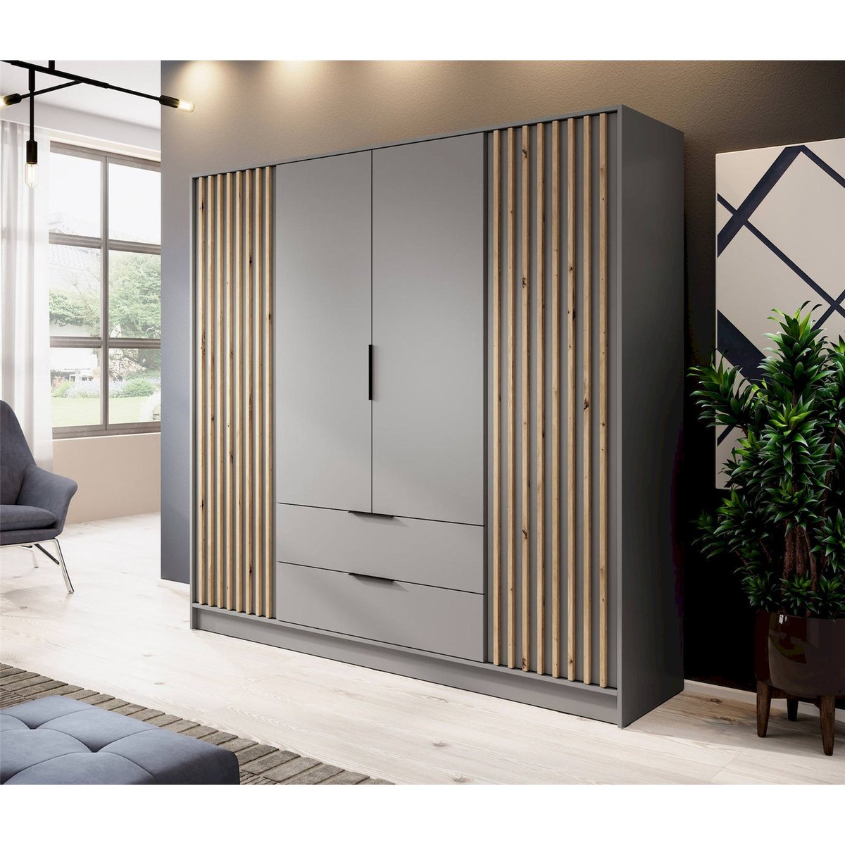 Armoire 4 portes à lames collection KARETTE gris et bois clair, RECOLLECTION