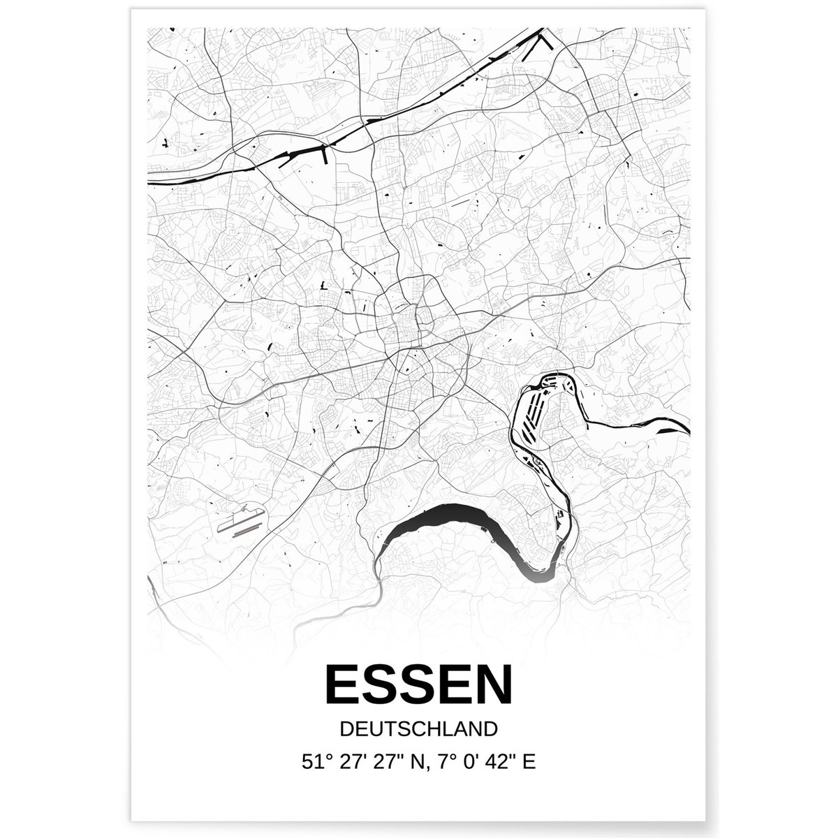 Affiche carte Essen - rectangle Noir et Blanc blanc, L'AFFICHERIE