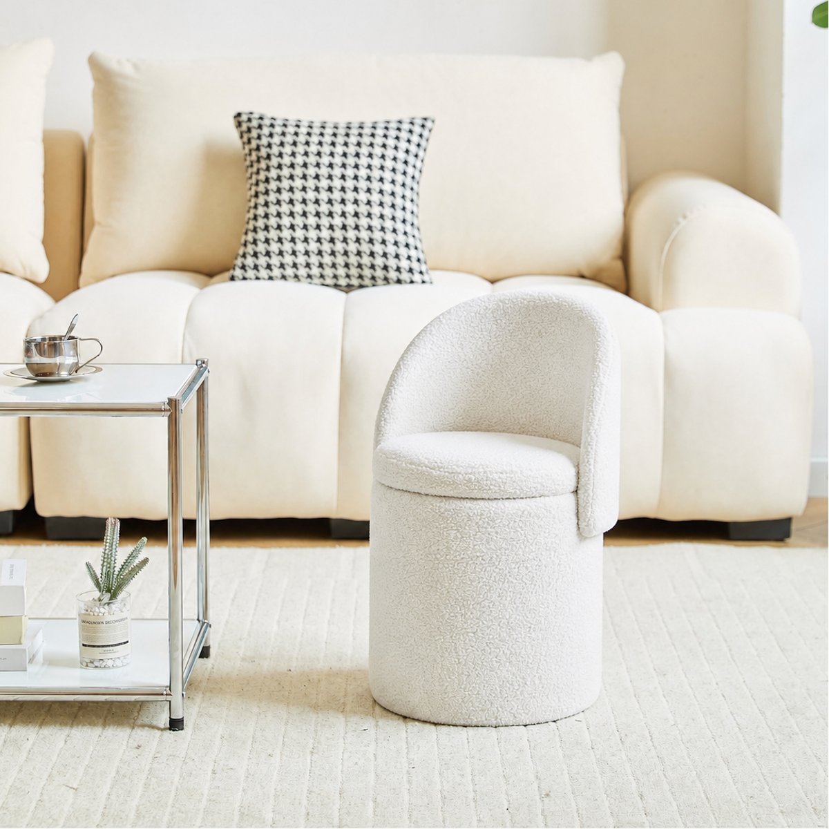 Pouf avec dossier et rangement, bouclette blanc cassé, NORDLYS