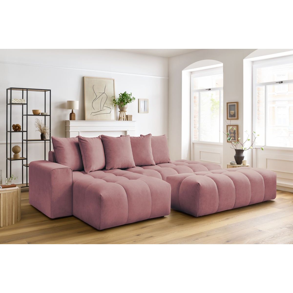 Canapé d'angle fixe 4 places en velours avec pouf, MONT-BLANC rose, BOBOCHIC