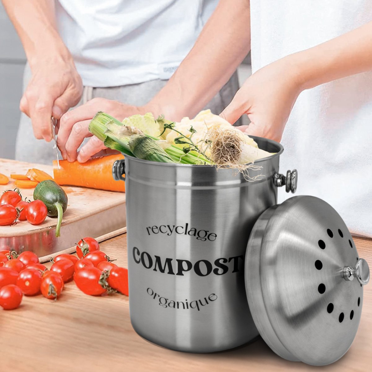 Composteur de cuisine rond gris, LINXOR