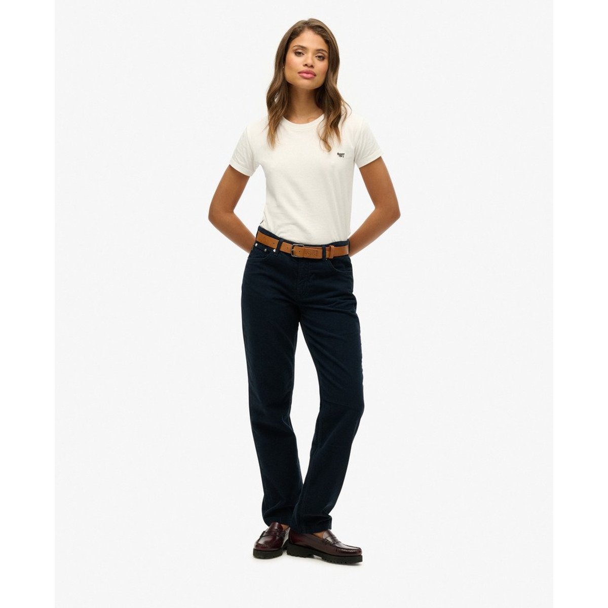 Pantalon droit en velours côtelé bleu marine nu, SUPERDRY