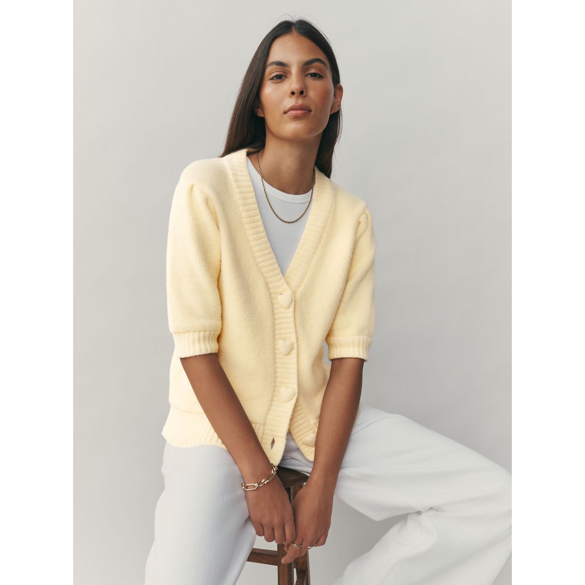 Cardigan à boutons cœurs et manches courtes jaune, NEXT