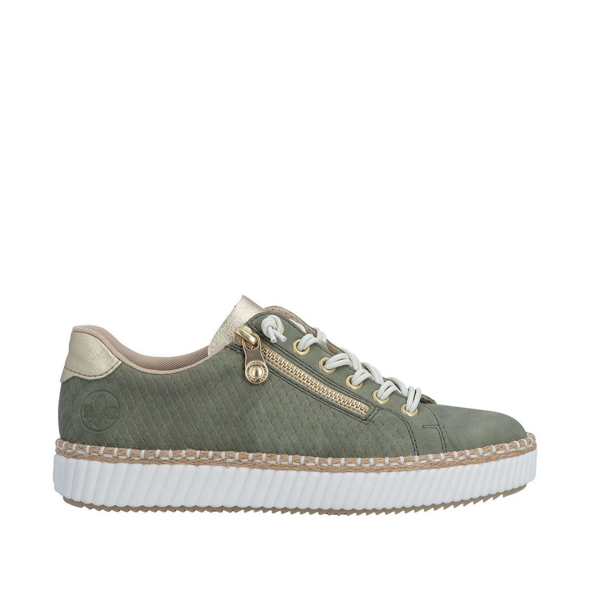 Tennis en cuir blanches à talon plat avec des lacets et un zip latéral vert, RIEKER