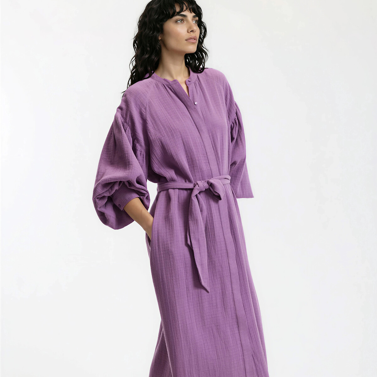 Robe longue manches longues ceinturée violet, LA REDOUTE COLLECTIONS