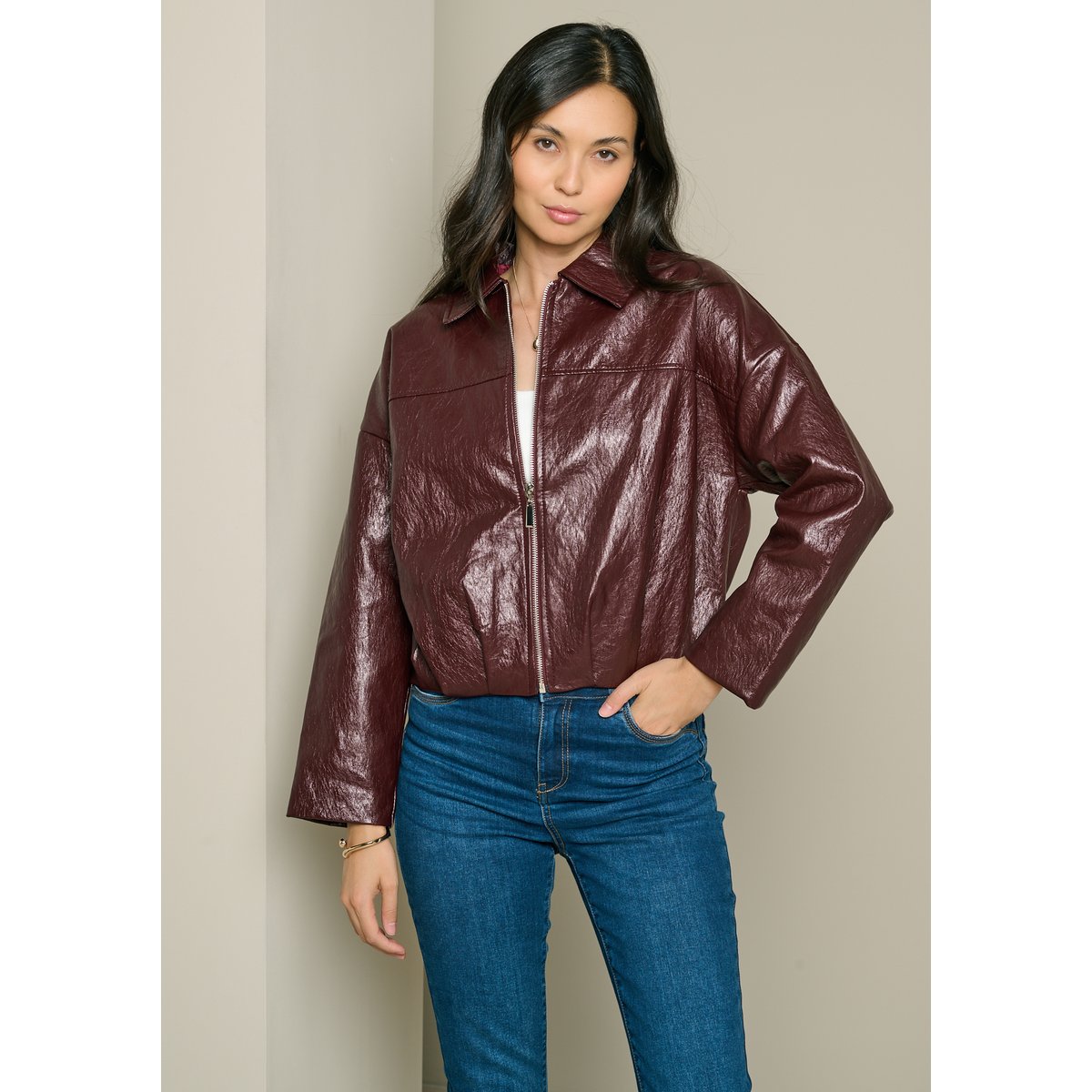 Veste bomber en similicuir bordeaux wine, LOLALIZA