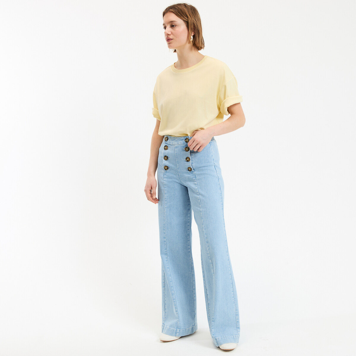 Wide Leg Sailor Jeans with High Waist double stonewashed blue, LA REDOUTE COLLECTIONS
