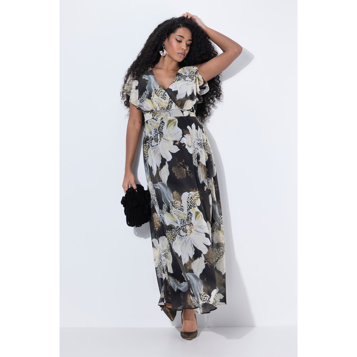 Robe maxi à ceinture. Décolleté V noir, ULLA POPKEN