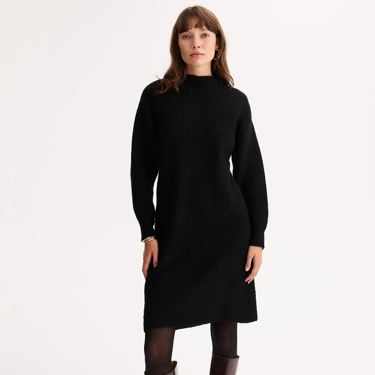Mid-Length Knitted Jumper Dress with Long Sleeves black, ANNE WEYBURN